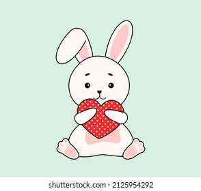 Cute Easter bunny holding red heart. Vector illustration for poster, banner, sale, print, party.