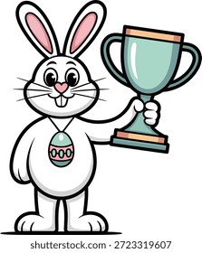 Um lindo coelho de Páscoa segurando uma taça de troféu, retratado em um animado estilo de ilustração mascote. O coelho branco, vestindo um pingente de ovo de Páscoa, tem orgulho de ser um vencedor.