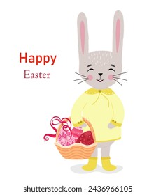 A cute Easter bunny holds a basket filled with Easter eggs. Inscription Happy Easter. Christ is risen. Vertical poster, Easter card, banner.