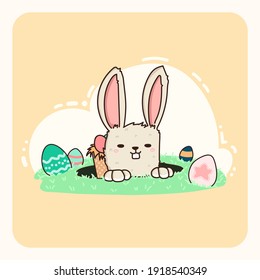 Conejito de Pascua en el agujero 
 con ilustración de huevos de pascua.