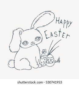 Cute Easter bunny for holiday card, baby shower or easter card. Hand drawn doodle illustration.