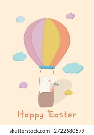Cute Easter bunny in hot air balloon greeting card, pastel nursery illustration