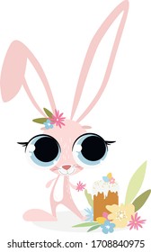 Cute Easter bunny with huge eyes. Cartoon vector illustration