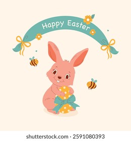 A cute Easter bunny hugs a decorated egg under a “Happy Easter” banner, surrounded by bees and flowers. Perfect for greeting cards, holiday designs, and children’s projects.
