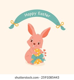 A cute Easter bunny hugs a decorated egg under a “Happy Easter” banner. Perfect for greeting cards, holiday designs, and children’s projects.

