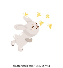 Cute easter bunny hunt with butterfly, concept spring religious holiday, baby rabbit icon, cartoon hare doodle vector illustration, isolated on white.Happy childhood time, flat decoration kindergarten