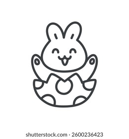 Cute Easter bunny icon. Hand drawn monochrome illustration of a funny rabbit sitting in the Easter egg isolated on a white background. Kawaii spring sticker. Vector 10 EPS.