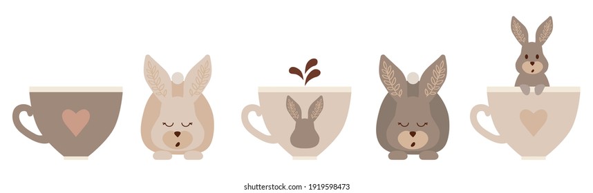 Juego de iconos de Conejo de Pascua. Conjunto de conejos conejitos de Pascua aislados en ilustración vectorial de fondo blanco. Personajes de dibujos animados. Acompáñate en una taza de té