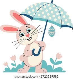 A cute Easter bunny illustration features a smiling pink rabbit holding a blue polka dot umbrella with a decorated Easter egg hanging underneath.