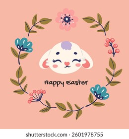 Cute Easter bunny illustration in floral wreath with happy Easter text. Pastel spring colors, perfect for greeting cards, kids decor and seasonal design projects