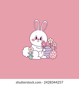 cute easter bunny illustration with flowers and easter eggs