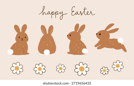 Conjunto de ilustración de conejo de Pascua lindo con conejos dibujados a mano en múltiples poses y flores de margarita, con tonos neutros cálidos para tarjetas de felicitación de primavera, diseños para niños y proyectos decorativos festivos.