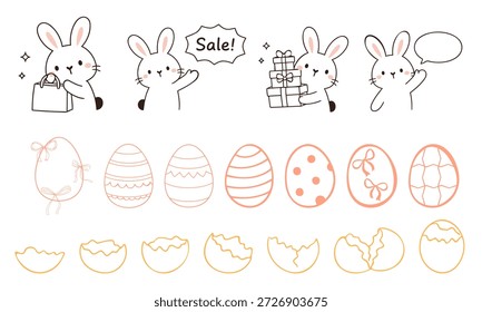 Cute Easter bunny illustration set with shopping poses, gift boxes, sale message, decorated eggs, and cracked egg shells in soft hand drawn line art style for spring promotions and festive designs.
