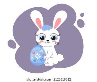Cute Easter Bunny isolated. Cartoon rabbit with Easter colorful egg. Funny bunny sitting amd smiling. Vector flat illustration. 