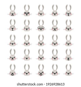 Cute Easter Bunny isolated on a white background. Happy Easter greeting card. Set of cartoon kawaii faces, different emotions. Vector illustration.