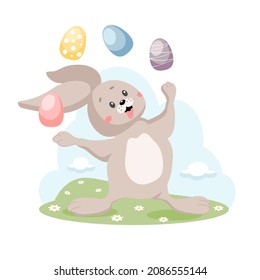 Cute Easter bunny is juggling Easter eggs. A fluffy hare on the lawn. Happy Easter. Vector illustration in cartoon style, isolated on a white background