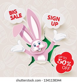 Cute Easter Bunny jumping out from sketched paper,Easter sale web banner,vector illustration of online shopping website