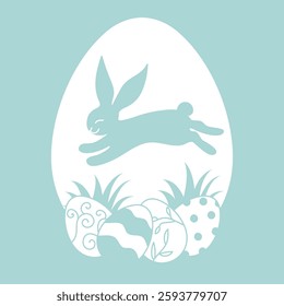 Cute Easter Bunny jumping over the painted eggs. Happy Easter Day. Hand drawn vector illustration