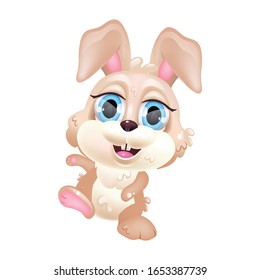 Cute Easter bunny kawaii cartoon vector character. Adorable and funny furry animal smiling and jumping isolated childish sticker, patch. Anime baby hare, happy rabbit emoji on white background