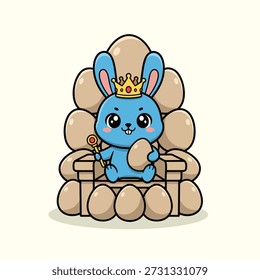 Cute Easter Bunny King Sitting on Egg Throne Cartoon Vector Illustration