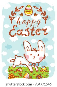 Cute Easter Bunny with lettering, calligraphy text and colored eggs. Hand drawn greeting card Illustration. Happy Easter. Holiday art in vector cartoon style for poster, banner, decoration, print