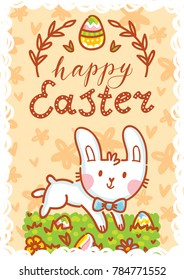 Cute Easter Bunny with lettering, calligraphy text and colored eggs. Hand drawn greeting card Illustration. Happy Easter. Holiday art in vector cartoon style for poster, banner, decoration, print