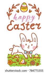 Cute Easter Bunny with lettering, calligraphy text and colored eggs. Hand drawn greeting card Illustration. Happy Easter. Holiday art in vector cartoon style for poster, banner, decoration, print