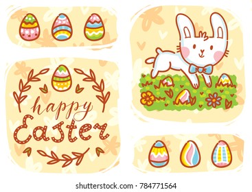 Cute Easter Bunny with lettering, calligraphy text and colored eggs. Hand drawn greeting card Illustration. Happy Easter. Holiday art in vector cartoon style for poster, banner, decoration, print
