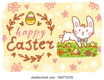 Cute Easter Bunny with lettering, calligraphy text and colored eggs. Hand drawn greeting card Illustration. Happy Easter. Holiday art in vector cartoon style for poster, banner, decoration, print