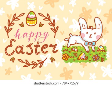 Cute Easter Bunny with lettering, calligraphy text and colored eggs. Hand drawn greeting card Illustration. Happy Easter. Holiday art in vector cartoon style for poster, banner, decoration, print
