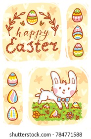 Cute Easter Bunny with lettering, calligraphy text and colored eggs. Hand drawn greeting card Illustration. Happy Easter. Holiday art in vector cartoon style for poster, banner, decoration, print