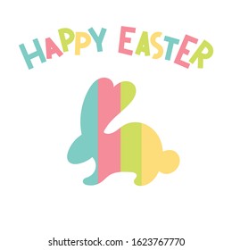 Cute Easter Bunny. Lettering. happy Easter. Flat vector illustration multicolored rainbow background