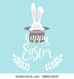 Cute easter bunny with lettering Happy Easter. Vector  greeting card with easter rabbit, easter bunny in hat and banners