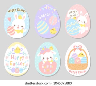 Cute Easter bunny, little chicken, eggs and flowers in soft pastel color. Set of egg shape gift tag, card, postcard, badge. Lovely Easter day greetings. Vector illustration.