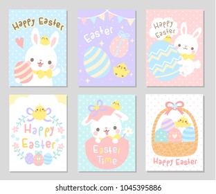 Cute Easter bunny, little chicken, eggs and flowers in soft pastel color. Set of rectangle gift tag, card, postcard. Lovely Easter day greetings. Vector illustration.