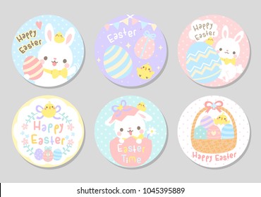 Cute Easter bunny, little chicken, eggs and flowers in soft pastel color. Set of circle gift tag, badge. Lovely Easter day greetings. Vector illustration.