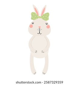 Cute Easter bunny, little rabbit with a bow character illustration. Hand drawn flat style design, isolated vector. Holiday clip art, kids print element, seasonal card, banner, poster