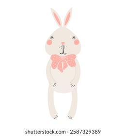 Cute Easter bunny, little rabbit with a bow character illustration. Hand drawn flat style design, isolated vector. Holiday clip art, kids print element, seasonal card, banner, poster