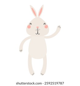 Cute Easter bunny, little rabbit waving character illustration. Hand drawn flat style design, isolated vector. Holiday clip art, kids print element, seasonal card, banner, poster