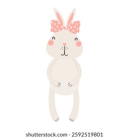 Cute Easter bunny, little rabbit with a bow character illustration. Hand drawn flat style design, isolated vector. Holiday clip art, kids print element, seasonal card, banner, poster