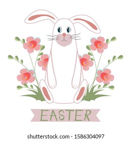 Cute easter bunny with long ears sits in flowers. Handwritten inscription Easter. Easter element isolated on white background. Vector cartoon character for creating cards, invitations, baby design.