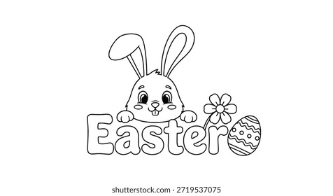 Lindo conejito de Pascua con largas orejas asomándose sobre un Grande texto burbujeante para una página de colorear festiva con un huevo y una flor.