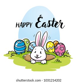 Cute easter bunny looking out of his rabbit hole, with easter eggs and typography for easter greeting cards. Hand drawn cartoon sketch vector illustration, marker style coloring. 