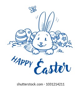 Cute Easter Bunny Looking Out Of His Rabbit Hole, With Easter Eggs And Typography For Easter Greeting Cards. Hand Drawn Cartoon Sketch Vector Illustration, Marker Style Coloring. 