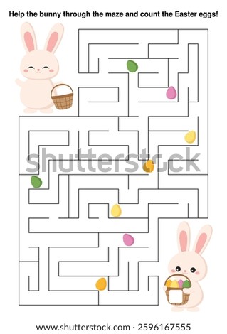 Cute Easter bunny maze puzzle game for kids. Help the rabbit find the way through the labyrinth and count the Easter eggs along the path. Vector illustration for children.