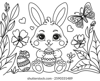 Cute Easter bunny in nature. Drawing for coloring. Vector contour illustration isolated on a white background. Coloring book page for kids.