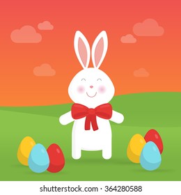 Cute Easter bunny in nature vector illustration. For Easter cards, banners, congratulations and web sites.