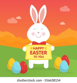 Cute Easter bunny in nature vector illustration. For cards, banners, congratulations and web sites