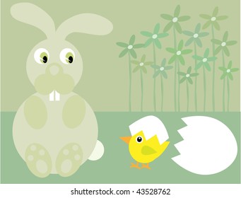 Cute Easter bunny and newly hatched chick.