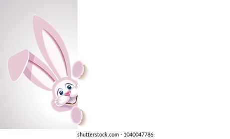 Cute Easter Bunny next to white blank signboard isolated on a light background. Empty place for your text.Vector illustration for holiday greeting.